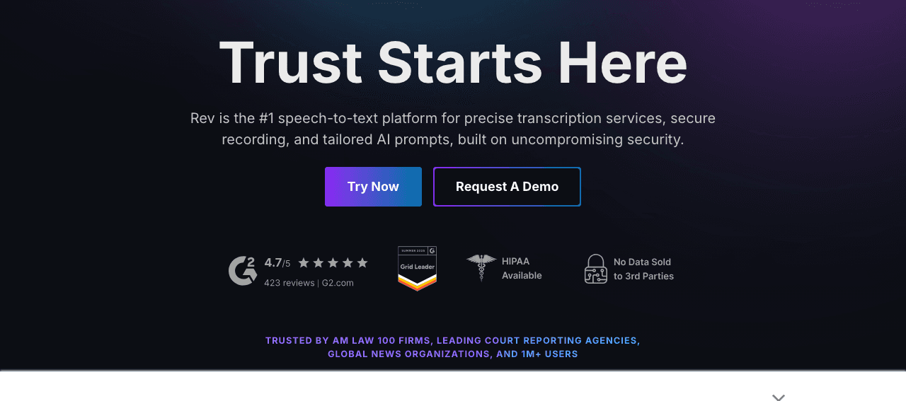 Rev Audio Editing showing ai transcription - AI + human speech‑to‑text built for accuracy, speed, and security