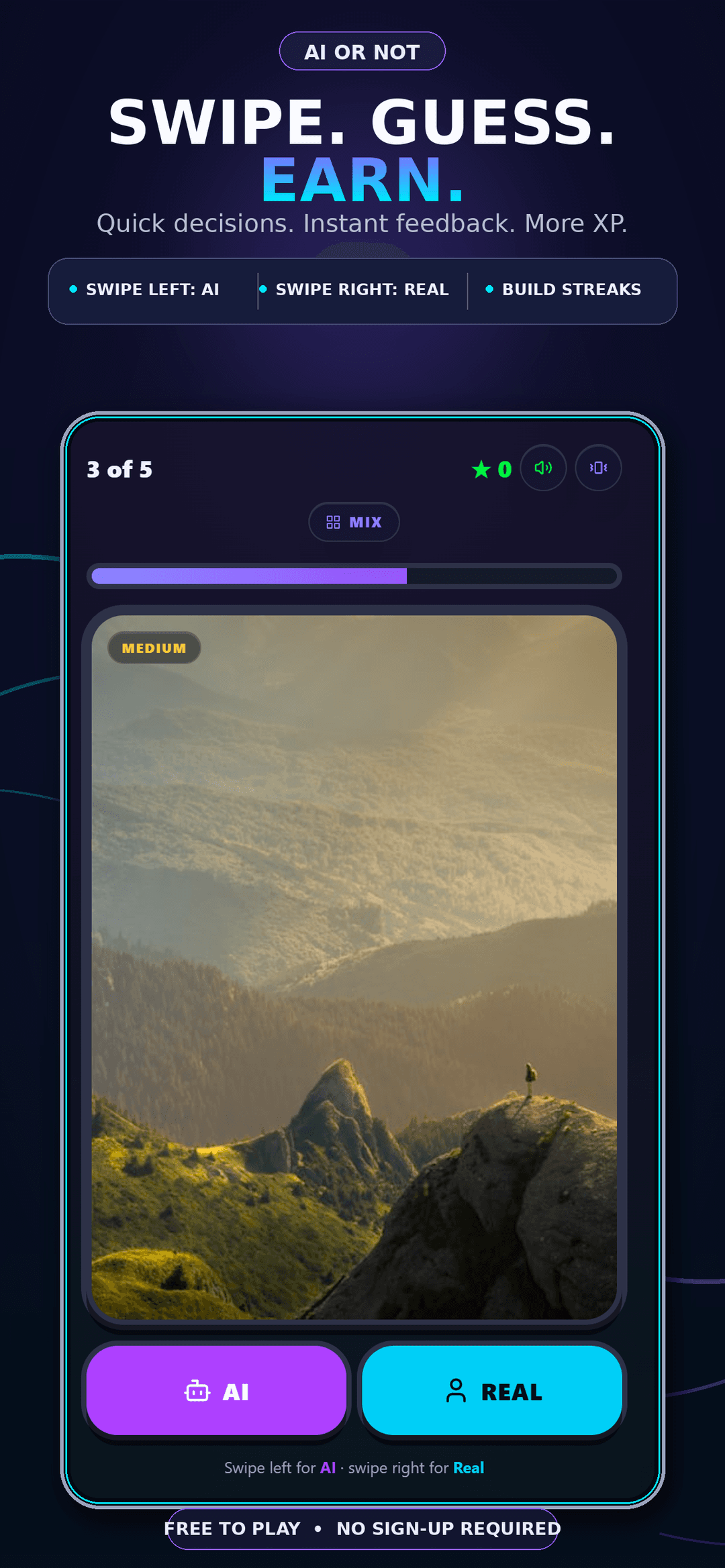 AI or Not swipe and guess gameplay screen