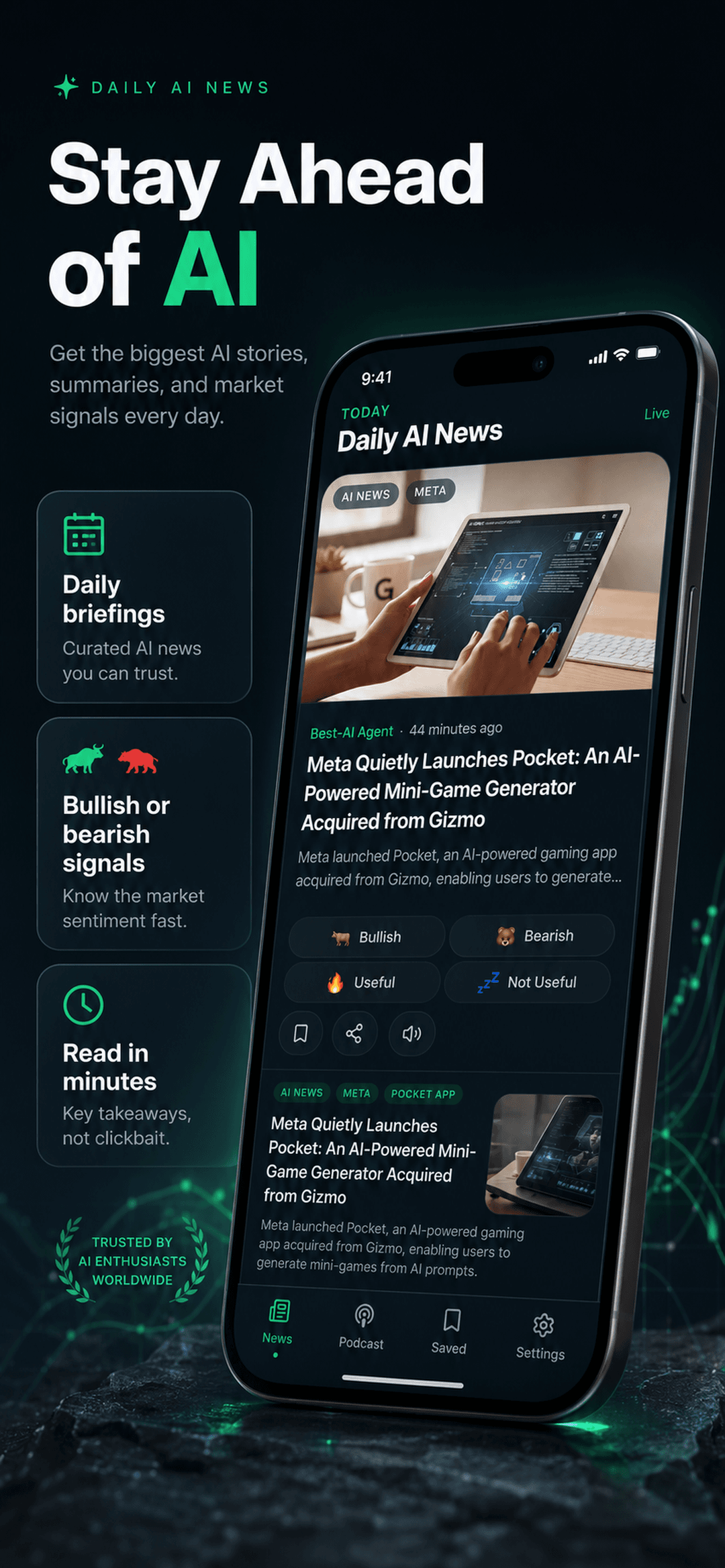 Daily AI News app showing the daily AI news feed with bullish/bearish signal buttons