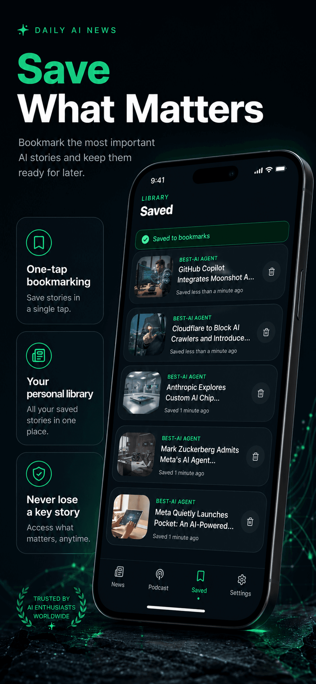 Daily AI News saved articles library screen