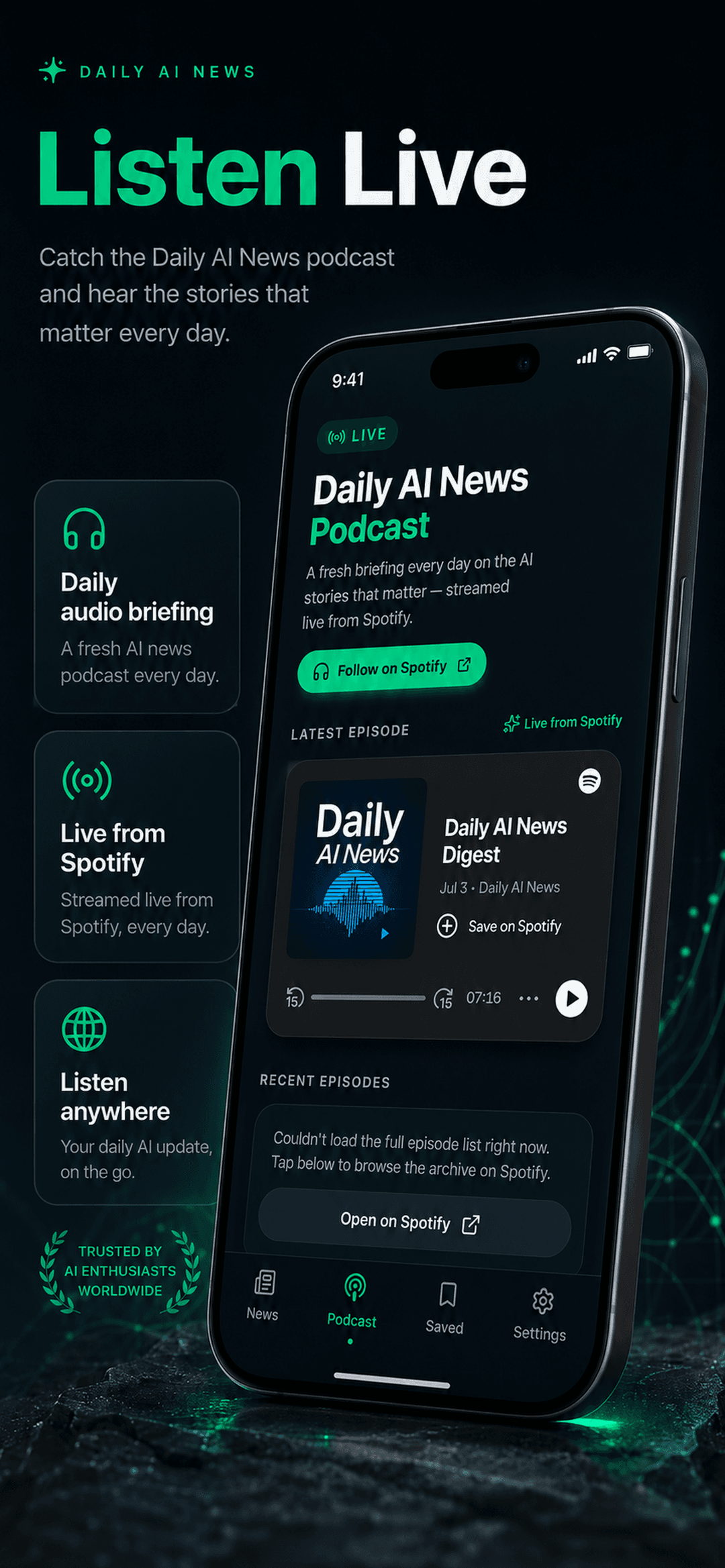 Daily AI News podcast screen streaming live from Spotify