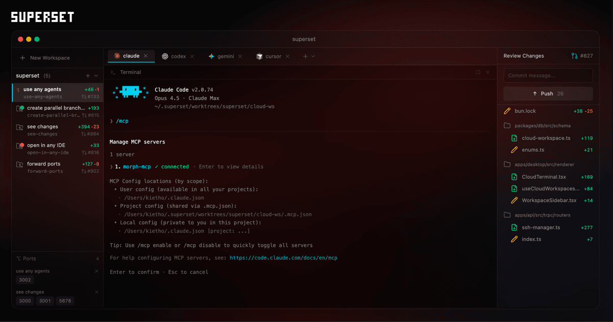 Superset Code Assistance showing Code Assistance - Superset - Run 10+ parallel coding agents on your machine