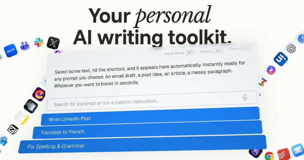 Typeboost Writing & Translation showing Writing & Translation - TypeBoost | Your personal AI writing toolkit. Inside any app.