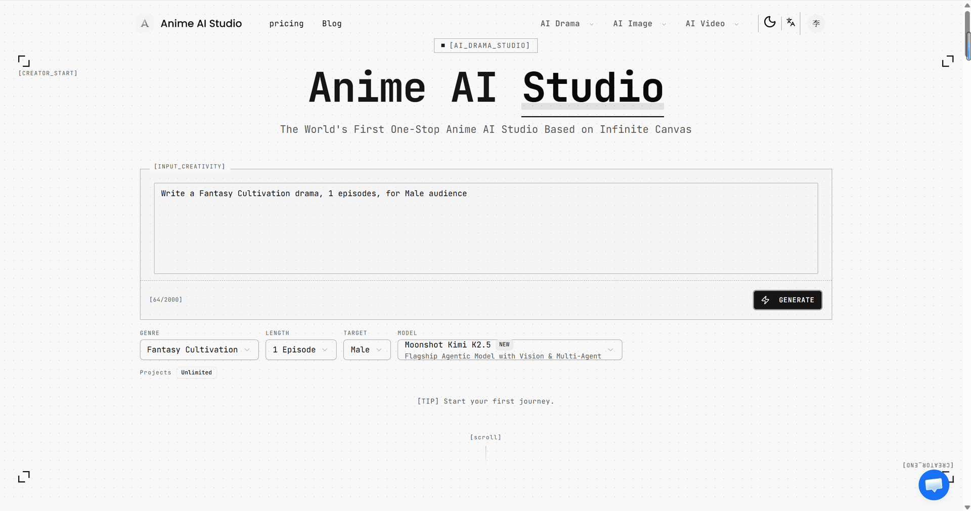Anime AI Studio Video Generation showing Video Generation - Anime AI Studio | Create AI Anime Dramas & Videos from Ideas