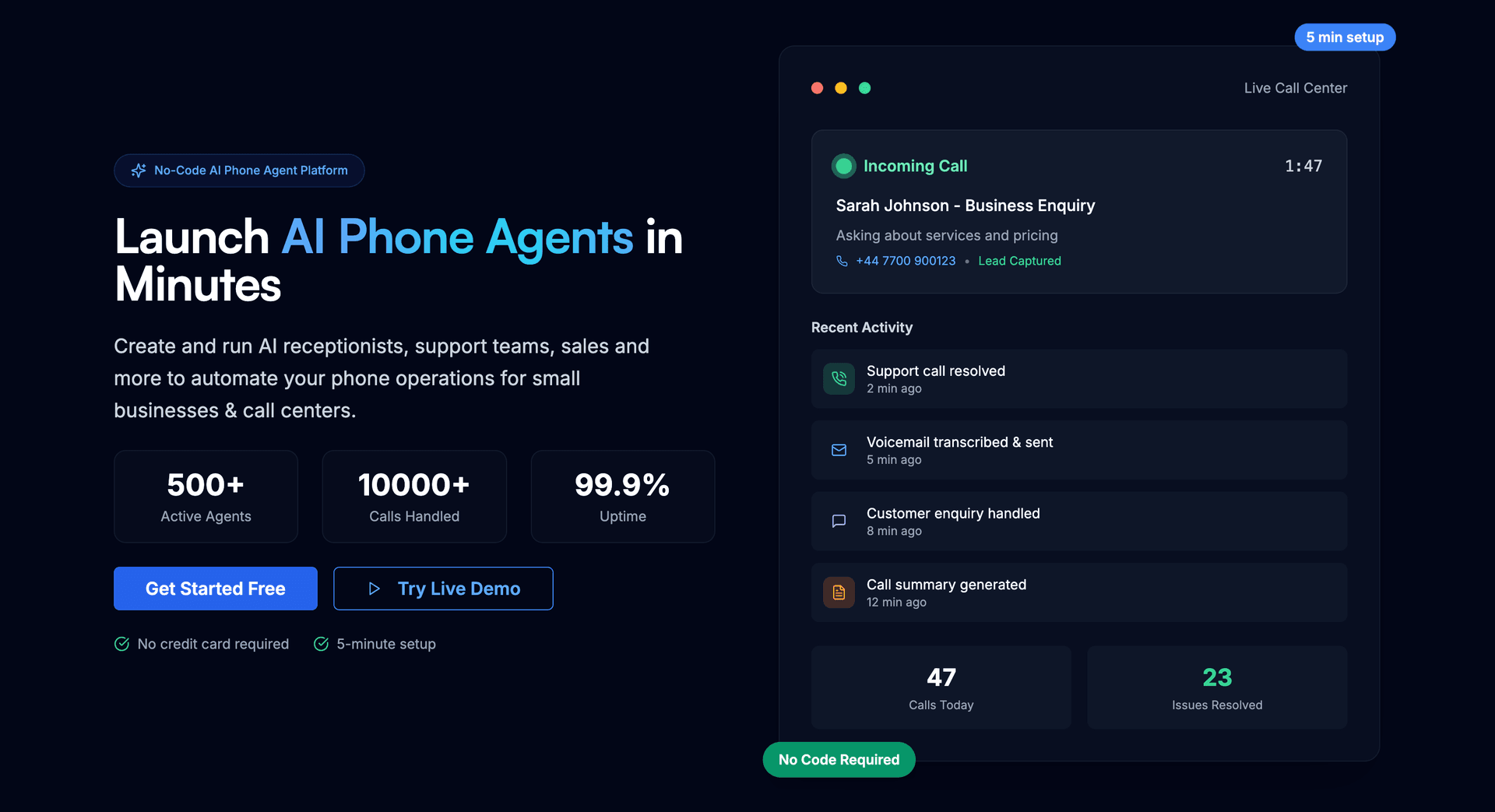 OnCallClerk Conversational AI showing Conversational AI - AI Phone Agents & Receptionists in Minutes | OnCallClerk