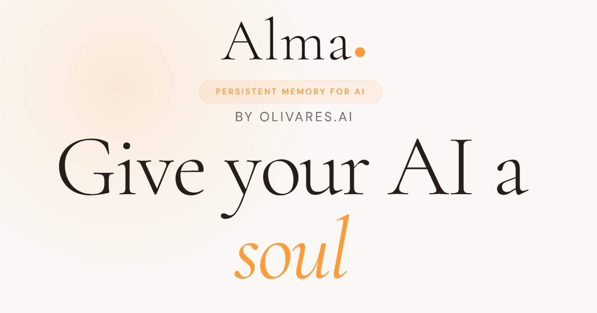 Alma Conversational AI showing Conversational AI - Alma by OlivaresAI — Persistent Memory for AI