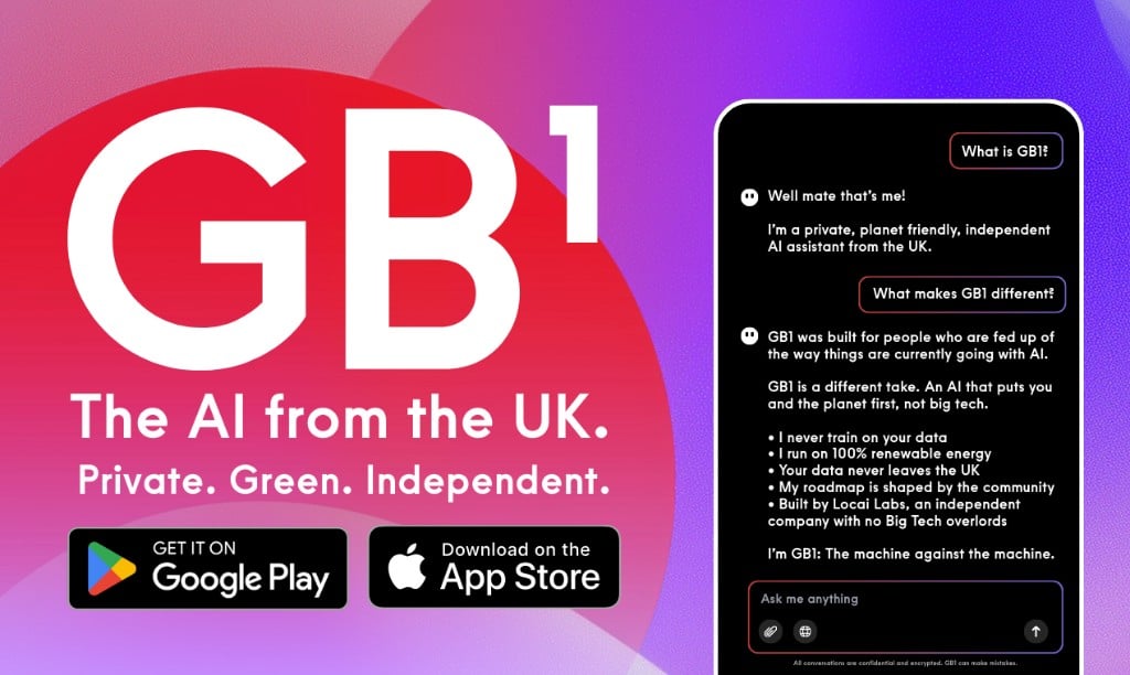 GB1 Conversational AI showing Conversational AI - GB1 - The British AI assistant.