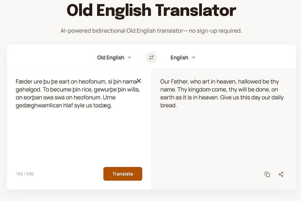 Old English Translator Writing & Translation showing Writing & Translation - Old English Translator by AI — free & no sign-up