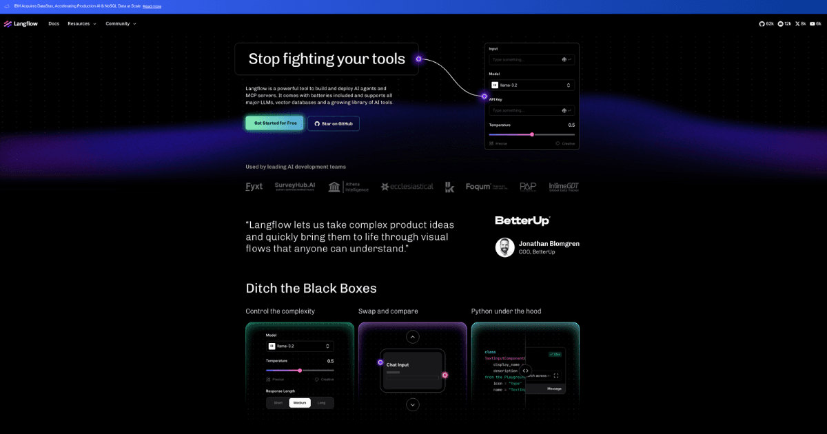 Langflow AI Agents showing low-code ai - Low-code AI builder for agentic and RAG applications