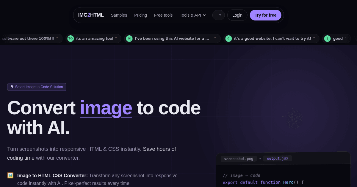 IMG2HTML Code Assistance showing Code Assistance - Transform designs to responsive HTML code in minutes