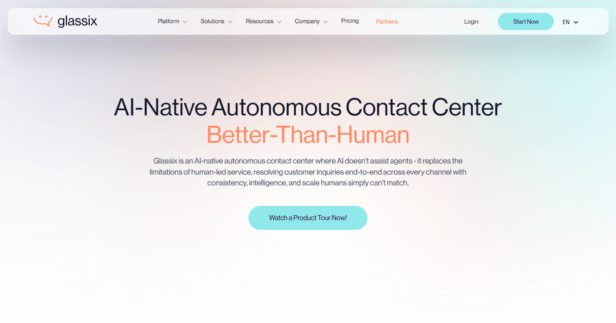 Glassix Conversational AI showing Conversational AI - AI-Native Autonomous Contact Center Powered by AI Agents