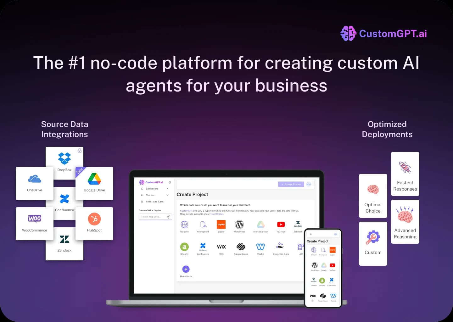 CustomGPT.ai Conversational AI showing custom gpt builder - Create Custom AI Chatbots From Your Business Data in Minutes