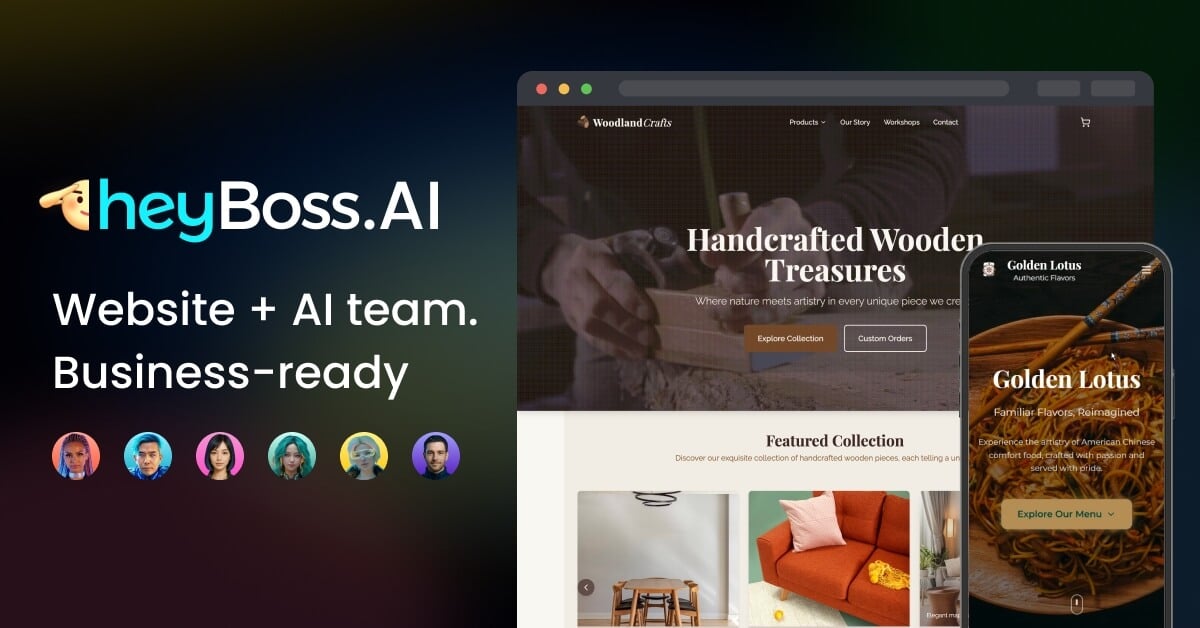 HeyBoss Productivity & Collaboration showing Productivity & Collaboration - Build your business website in minutes with your