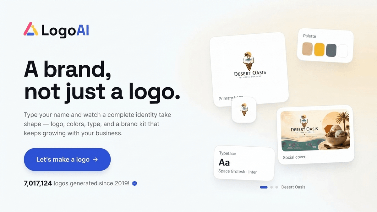 LogoAI Design showing Design - Generate unique AI logos and automatically build your brand kit