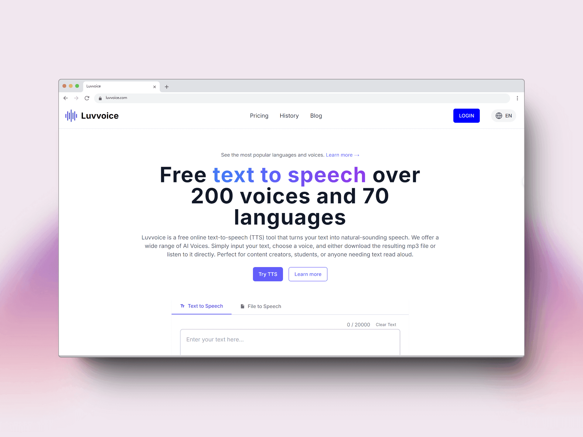Luvvoice Audio Generation showing ai text to speech - Free, unlimited AI text-to-speech with 200+ natural voices in 70+ langu