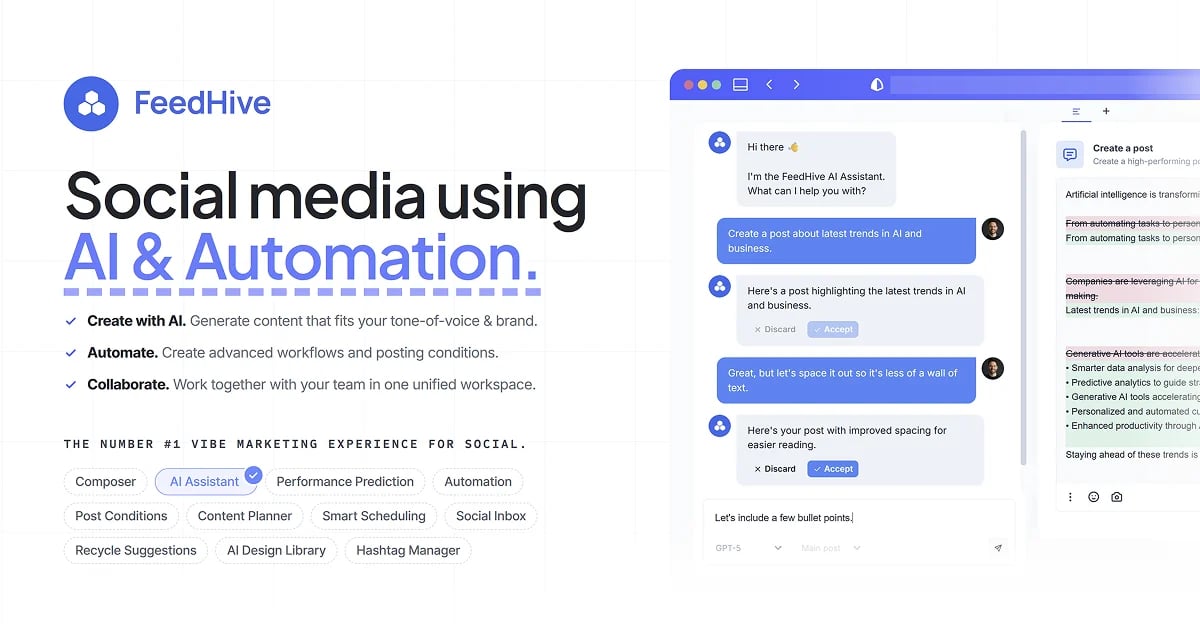 FeedHive Marketing Automation showing Marketing Automation - Create content at scale with AI-powered social media automation