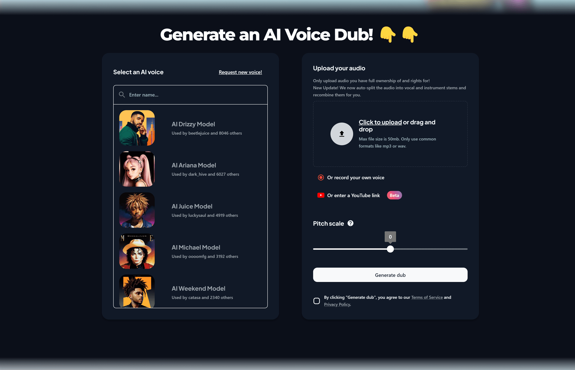 VoiceDub Audio Generation showing Audio Generation - Make AI voice covers with any voice