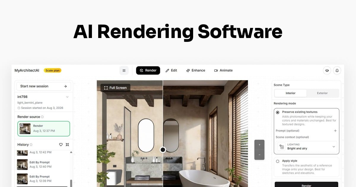 MyArchitectAI Design showing Design - AI Rendering Software | 10 Renders Free