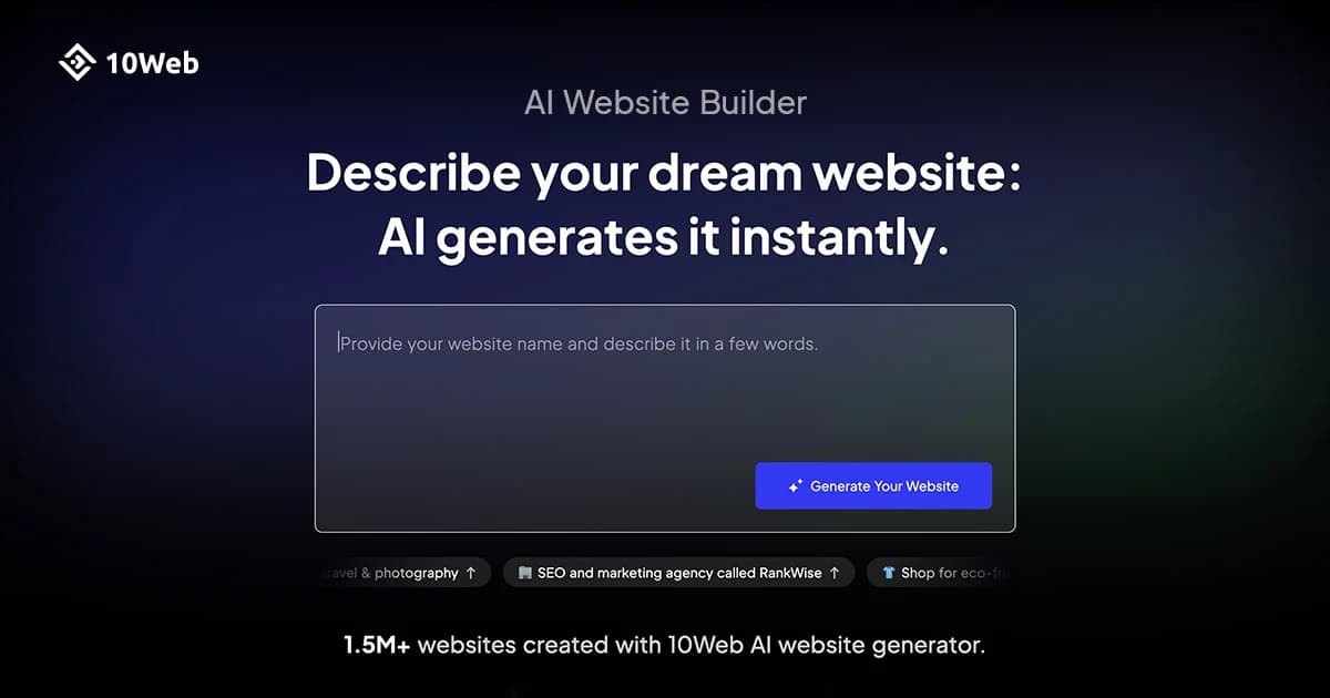 10Web Design showing ai website builder - Build, host, and manage WordPress websites