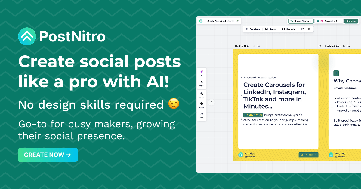 PostNitro Writing & Translation showing Writing & Translation - AI-Powered Carousels. Instantly. Visually. On Brand.