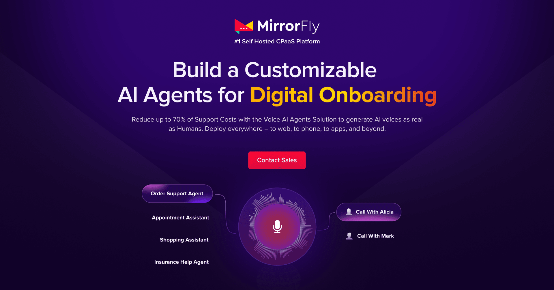 MirrorFly AI Voice Agent Conversational AI showing Conversational AI - White label AI Voice Agent for Business