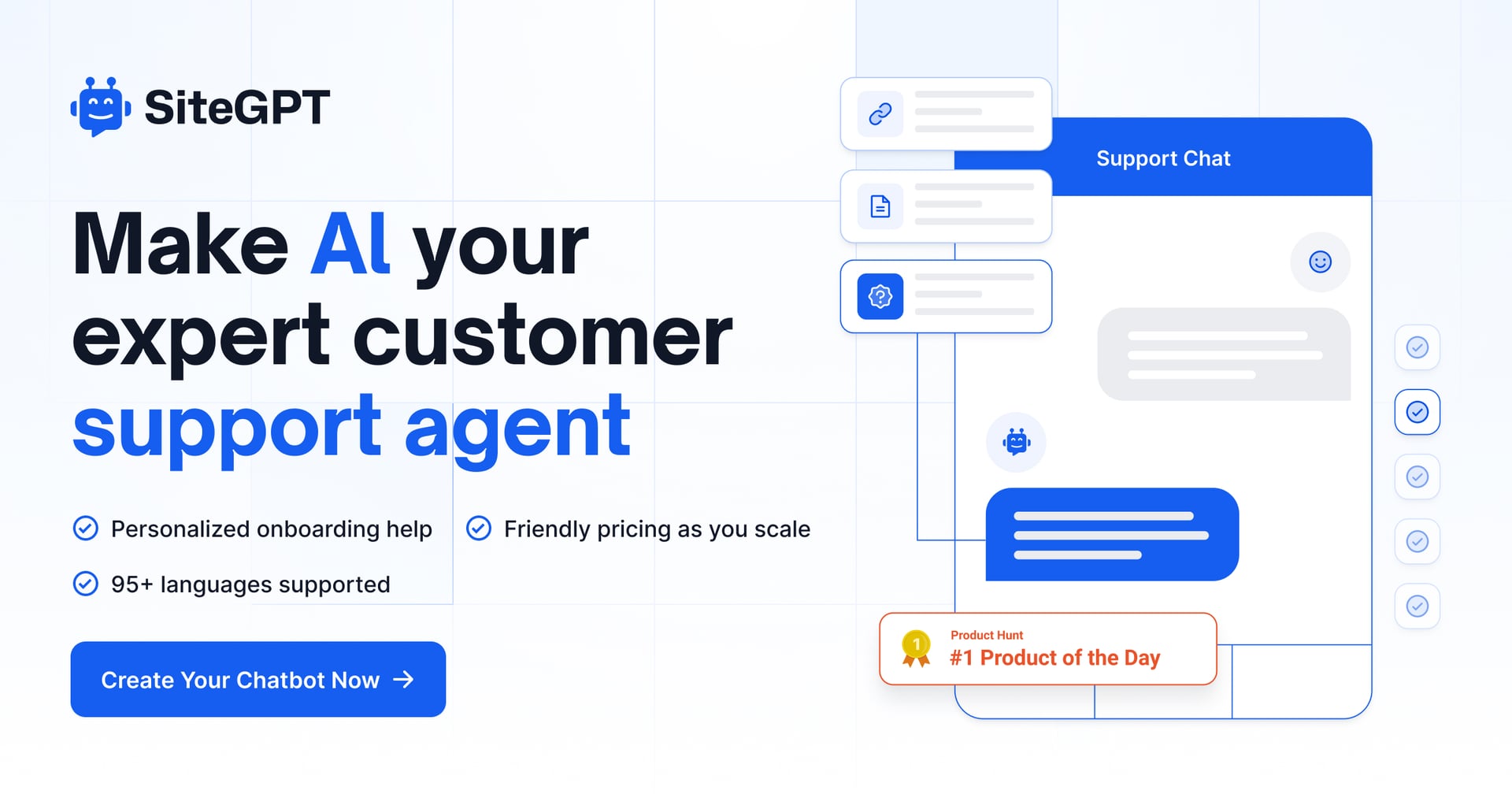 SiteGPT Conversational AI showing Conversational AI - Make AI your expert customer support agent