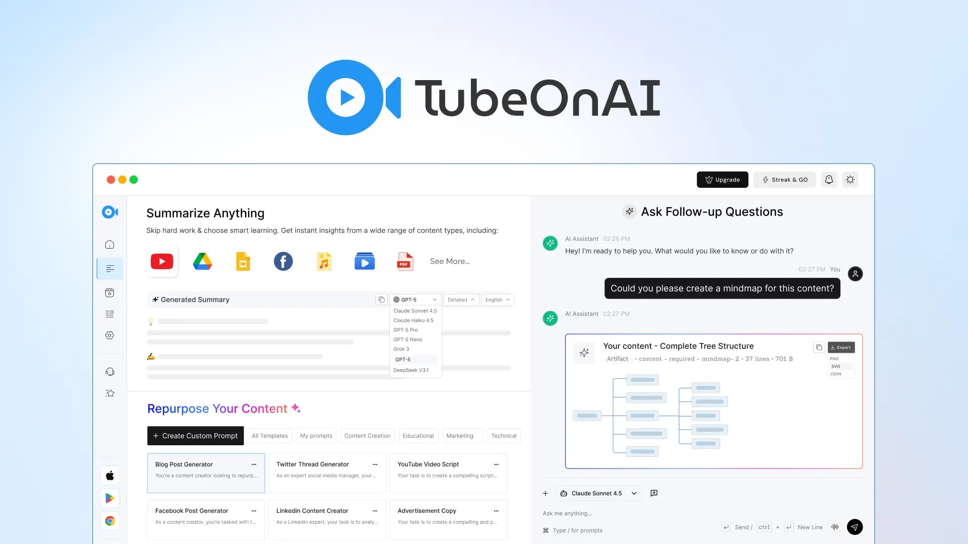 TubeOnAI Conversational AI showing Conversational AI - Fastest AI Summarizer for Effortless Content Creation and Repurposing