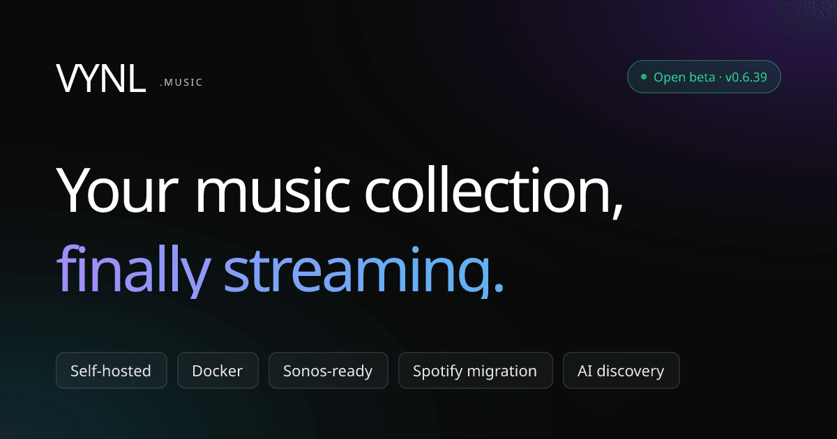 Vynl Audio Editing showing Audio Editing - Self-hosted music streaming with AI-powered discovery, Sonos integration, and zero
