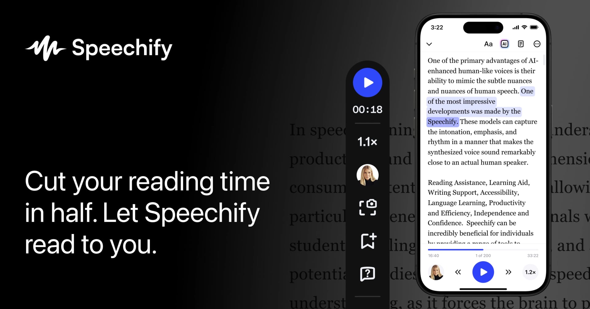 Speechify Audio Generation showing Audio Generation - Read, write, and understand anything with AI voices