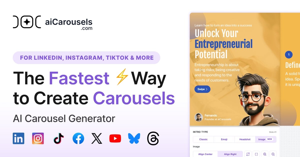 aiCarousels Design showing Design - The fastest way to turn any idea into a stunning social media carousel—no design skills n