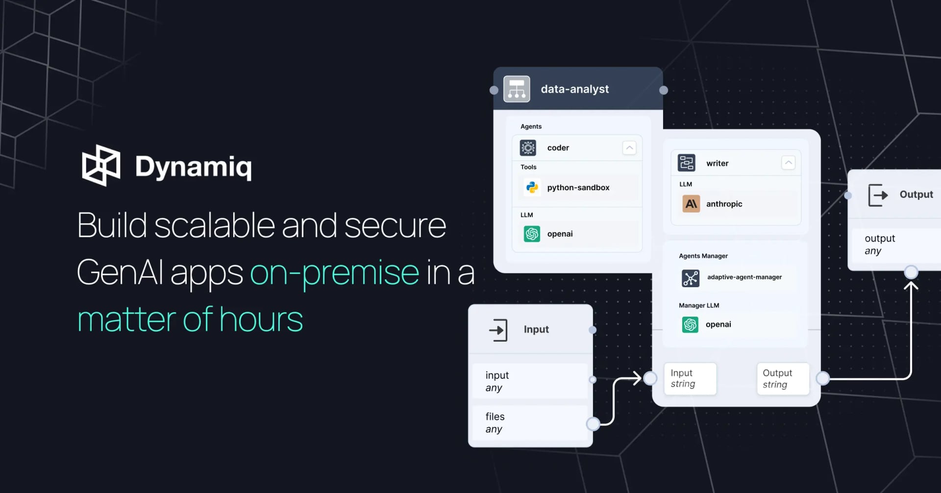 Dynamiq Conversational AI showing Conversational AI - Build, deploy, and monitor agentic AI applications on your own infrastr