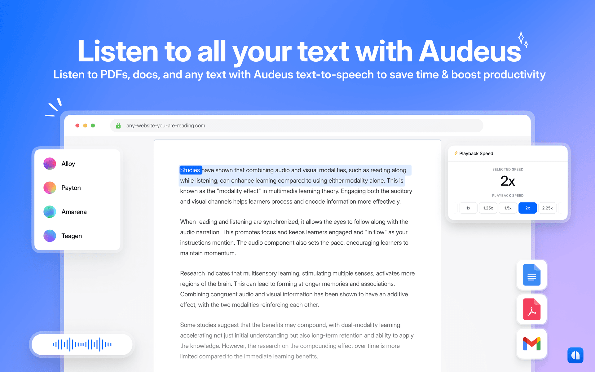 Audeus Audio Generation showing Audio Generation - Bring your reading to life with natural, engaging voices
