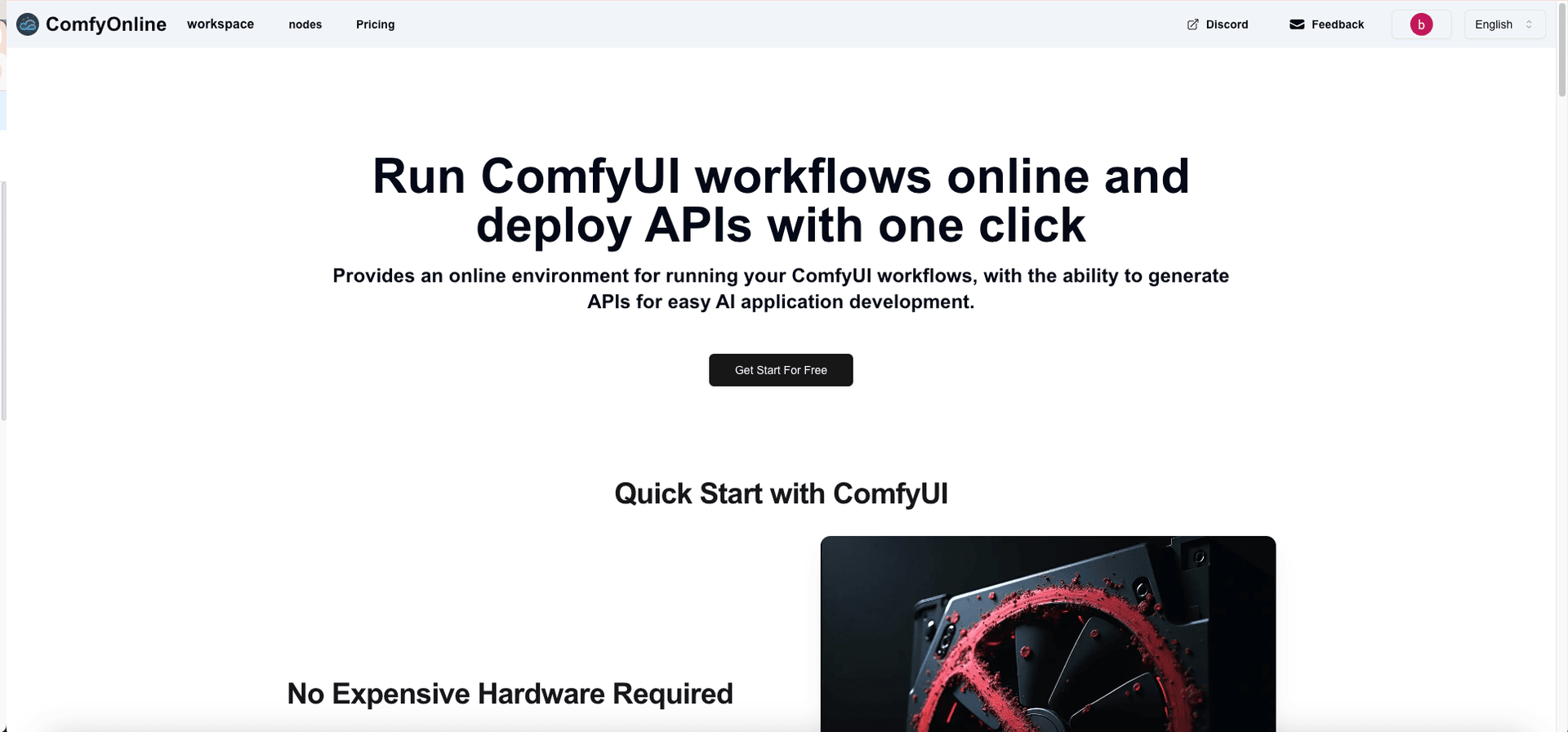 ComfyOnline Conversational AI showing Conversational AI - Turn your ComfyUI workflows into APIs, with no GPU hardware to mana