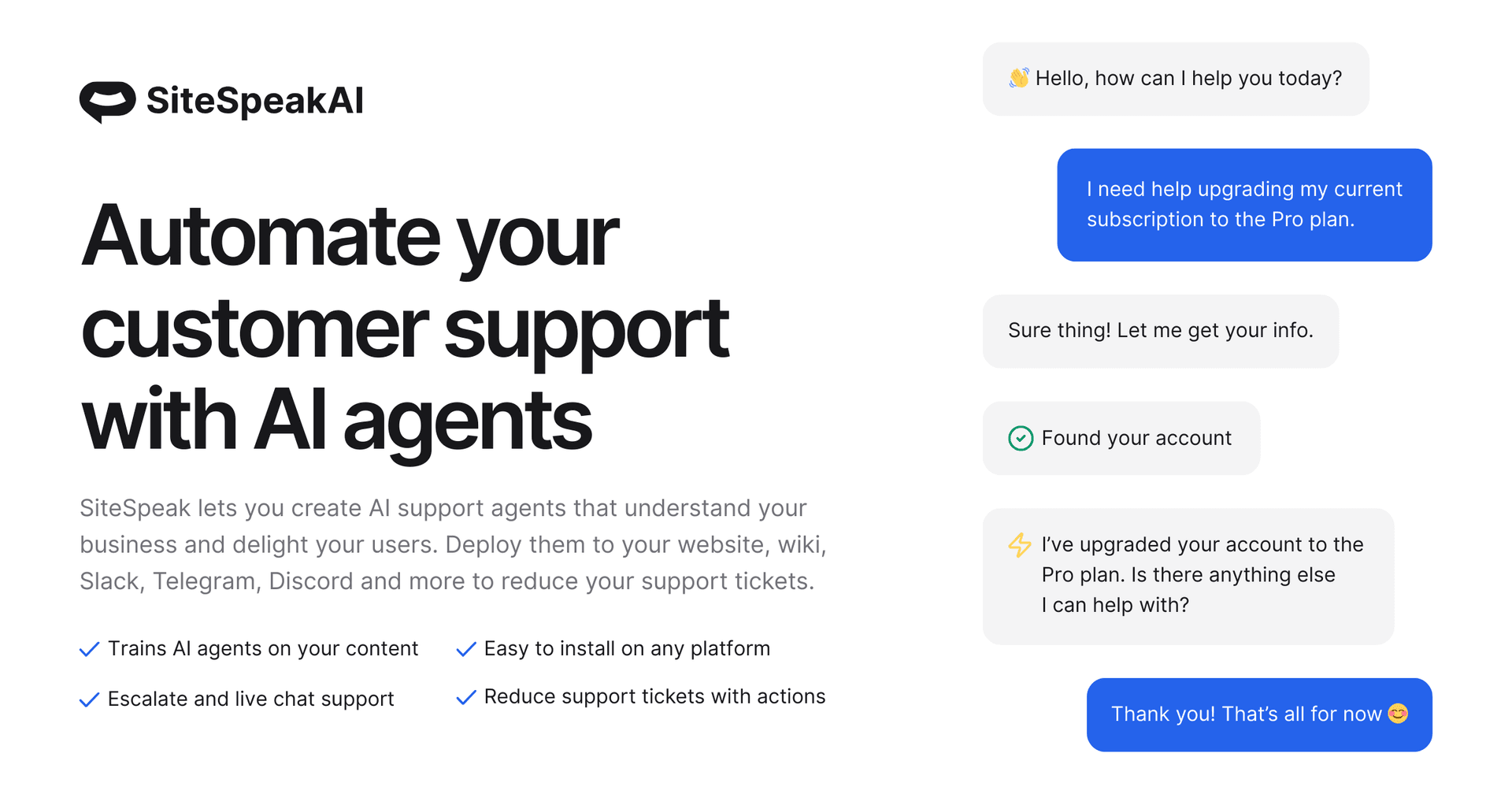 SiteSpeakAI Conversational AI showing Conversational AI - Train your AI agent on your site, docs, PDFs, and videos