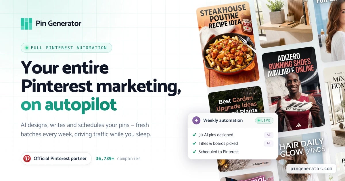 Pin Generator Marketing Automation showing Marketing Automation - On-brand Pinterest pins — designed, generated, and schedule