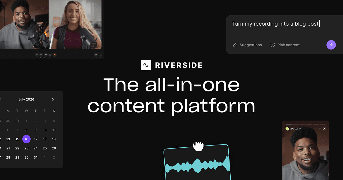 Riverside Audio Editing showing ai video editor - Your online studio for high-quality podcast and video recording and editing