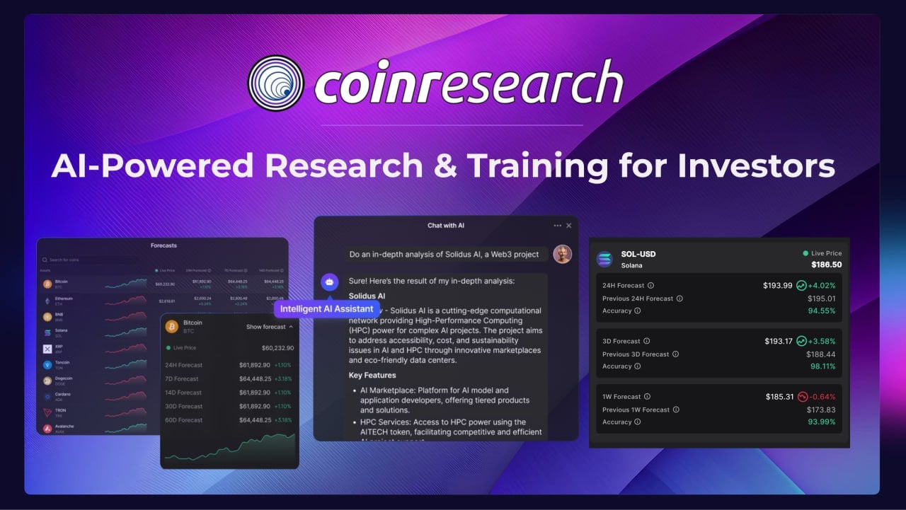 CoinResearch AI Data Analytics showing Data Analytics - AI-Powered Crypto Research. Smarter Investments.