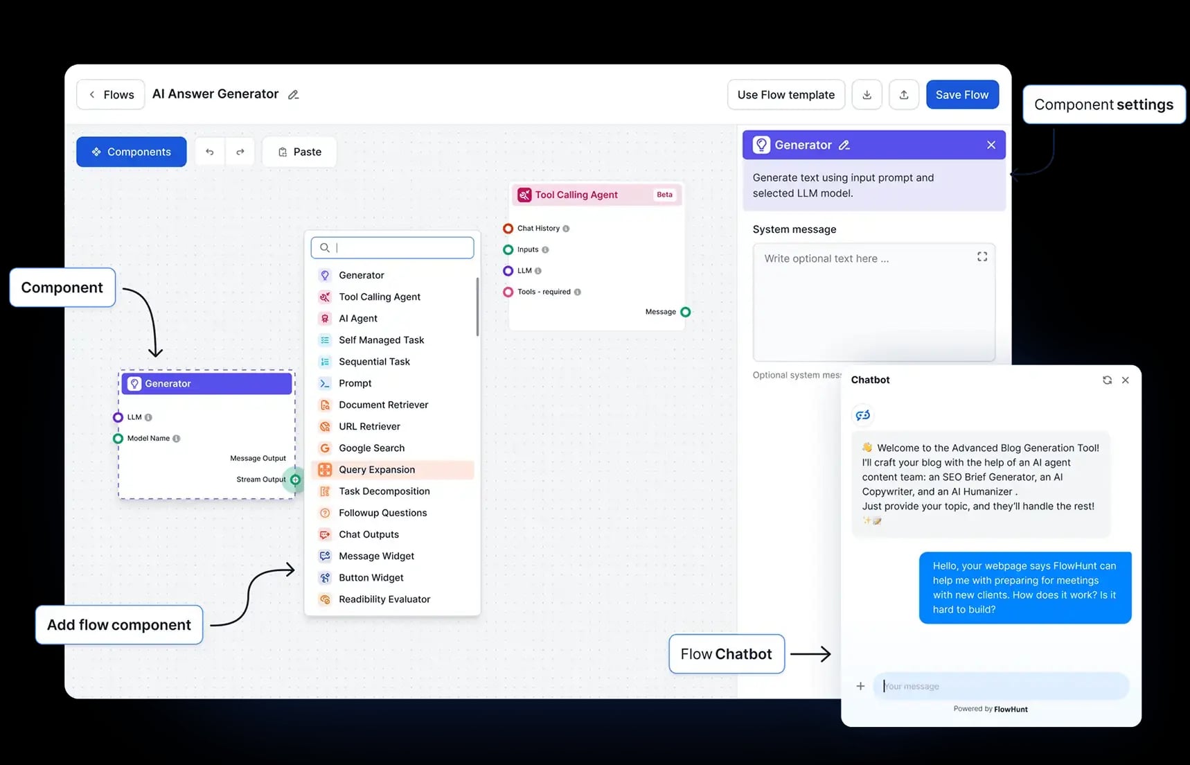 FlowHunt Conversational AI showing Conversational AI - Unleash the power of AI in your workflows