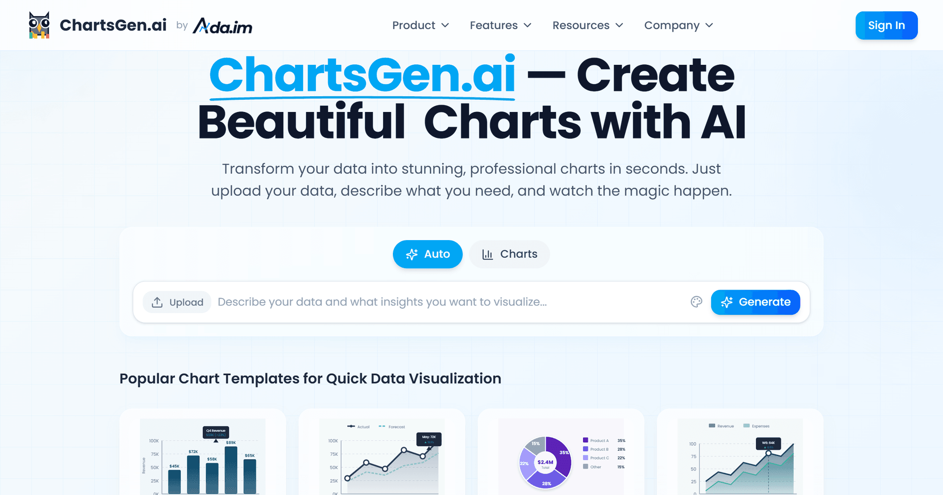 ChartGen AI Data Analytics showing Data Analytics - #1 Free AI Chart Generator