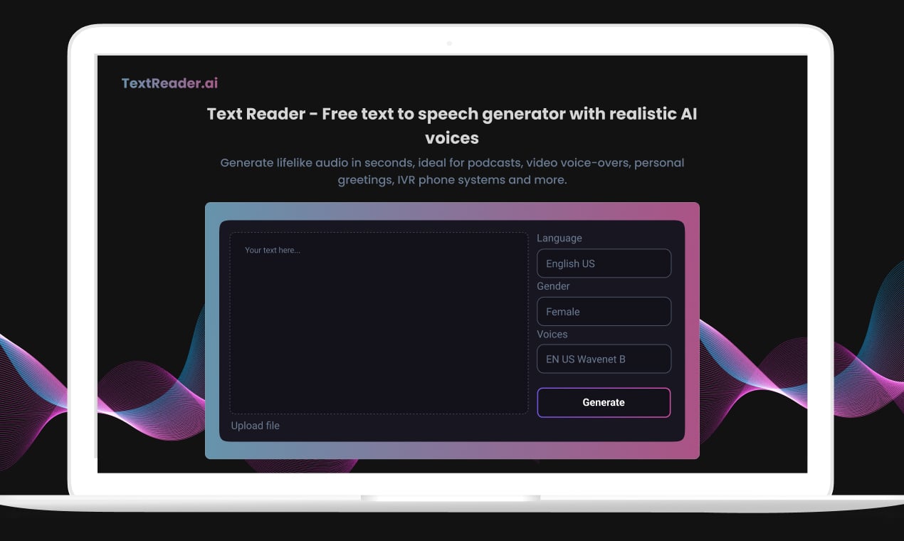 Text Reader Audio Generation showing Audio Generation - Unlock the power of text with ease.