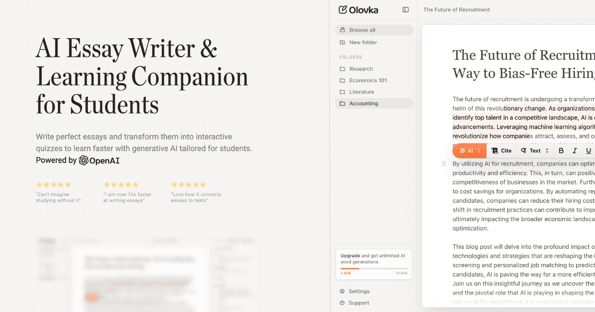 Olovka AI Writing & Translation showing Writing & Translation - Write Essays 10x Faster. Learn Smarter. Succeed with Olovka A