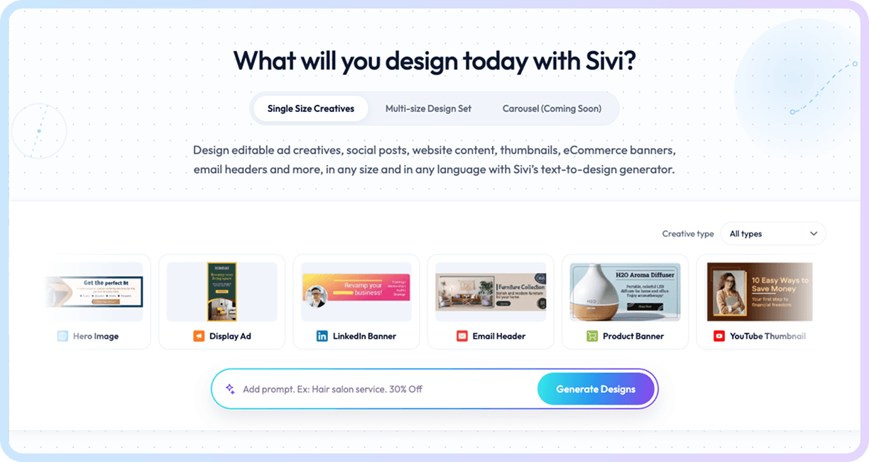 Sivi AI Design showing Design - The Multilingual AI Design Generator for Brands