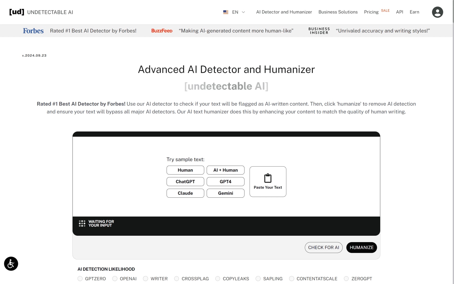 Undetectable AI Writing & Translation showing Writing & Translation - Make AI-generated content undetectable with one click