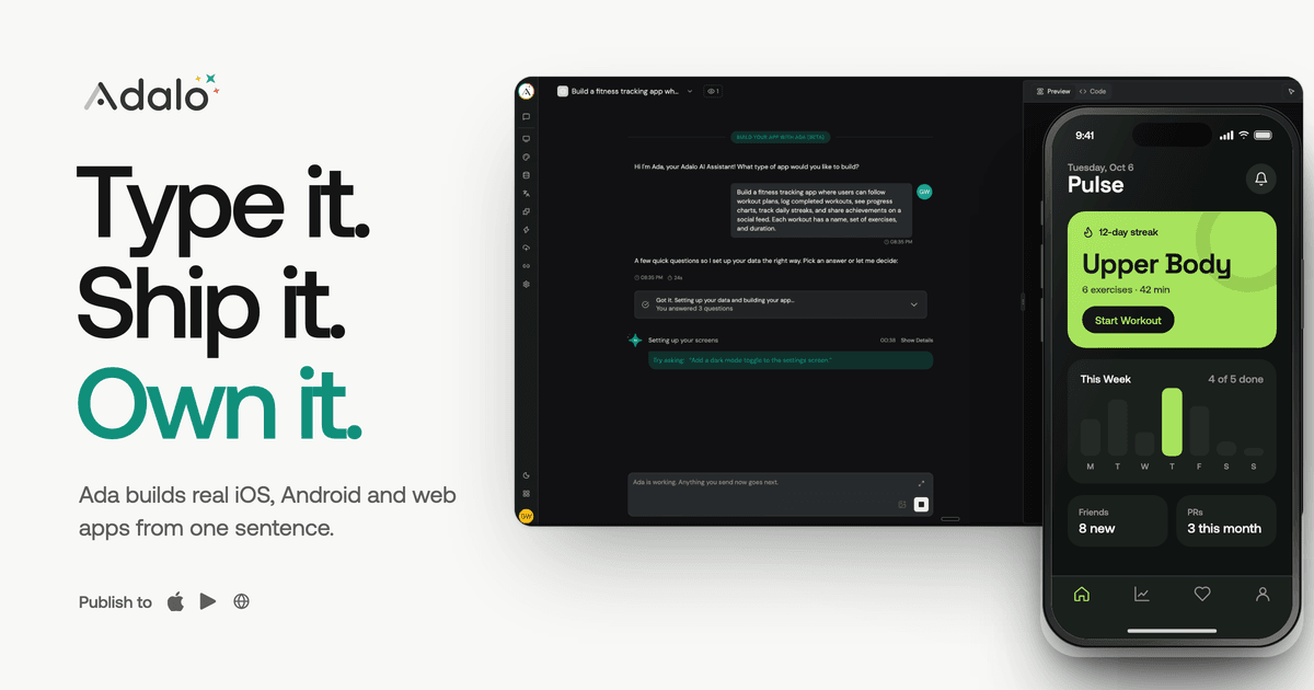 Adalo Design showing Design - Build apps. Without code.