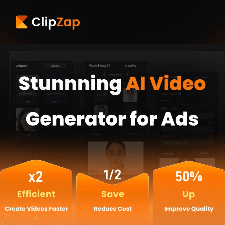 ClipZap AI Video Editing showing Video Editing - All-in-one AI video creation: clip, edit, translate & dub in minutes