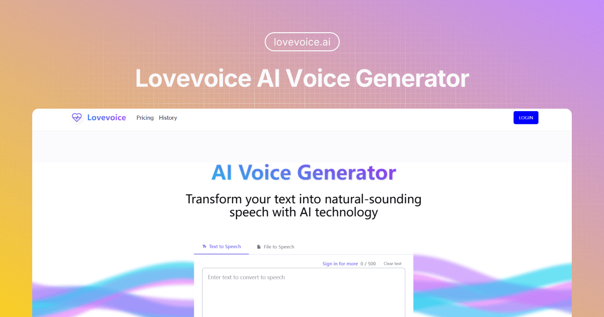 Lovevoice AI Audio Generation showing Audio Generation - Transform your text into lifelike speech with Lovevoice AI