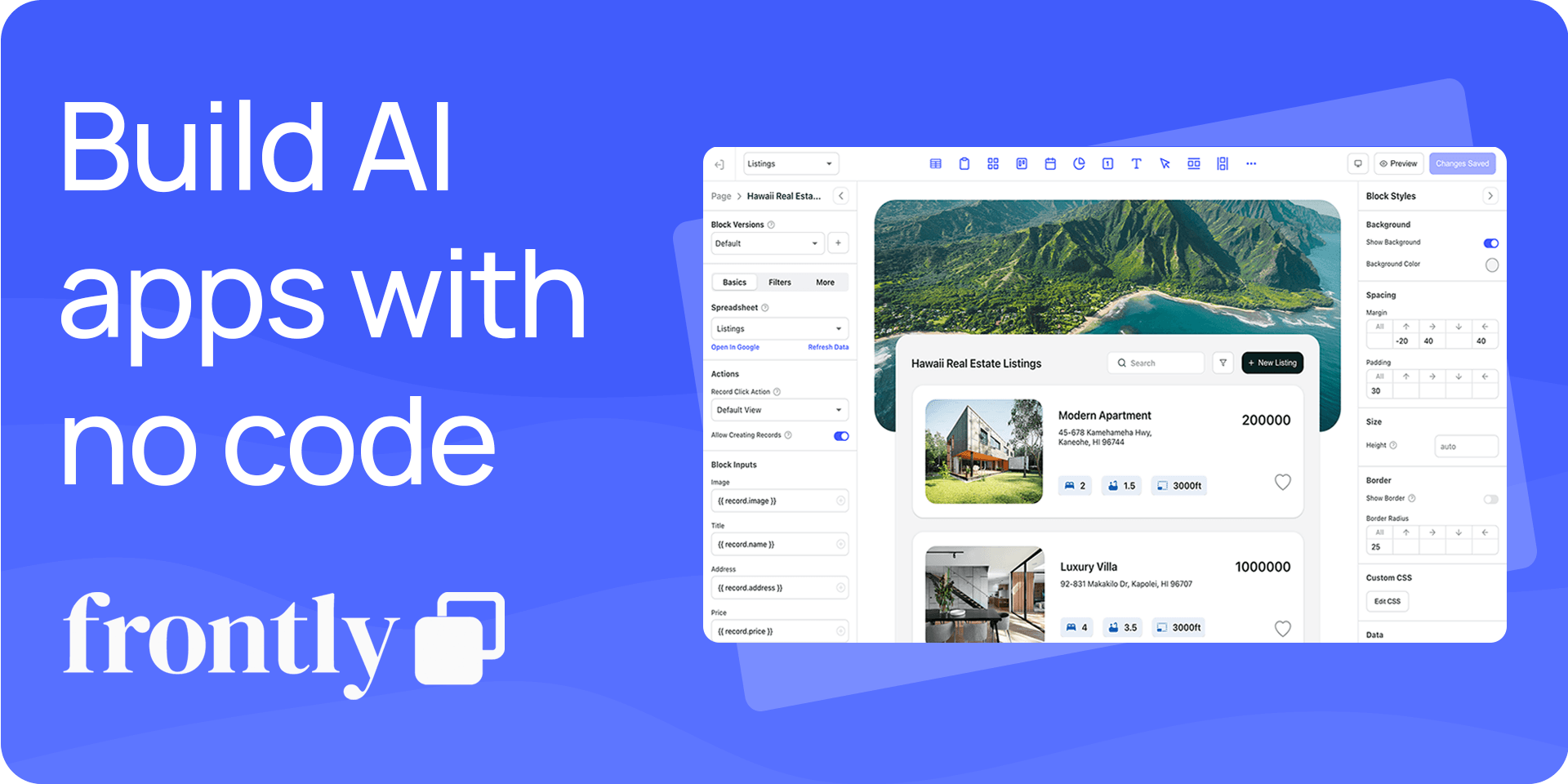 Frontly Design showing Design - Describe it, and Frontly builds the app