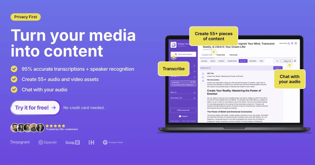 WhisperTranscribe Audio Generation showing audio transcription - Turn your audio into 57+ types of content—fast, accurate, ef