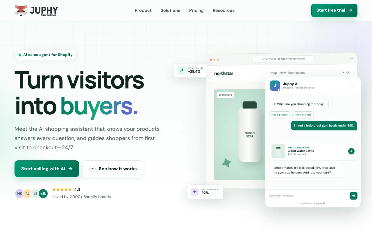 Juphy Conversational AI showing Conversational AI - Your AI Sales & Support Assistant for Shopify Stores