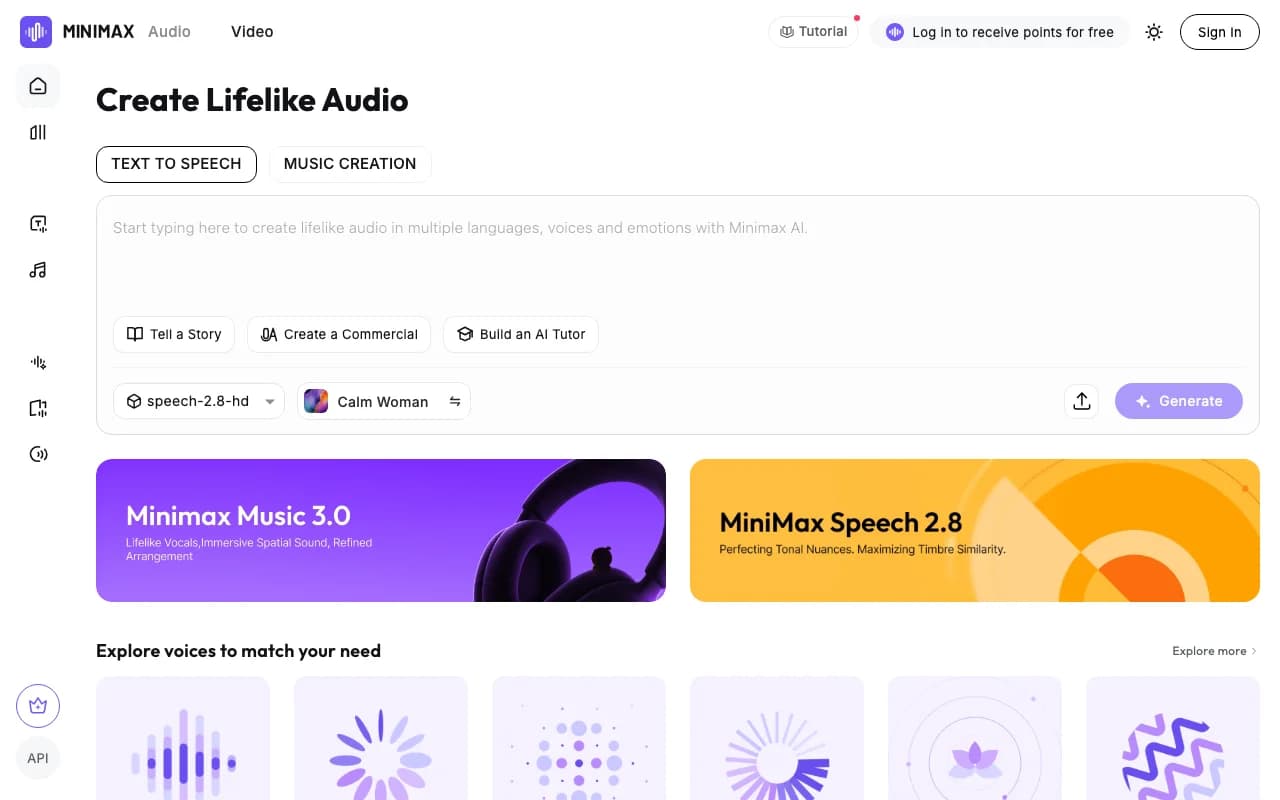 MiniMax Audio Audio Generation showing ai voice generator - Create lifelike speech and music with AI—300+ voices, 40+ languag
